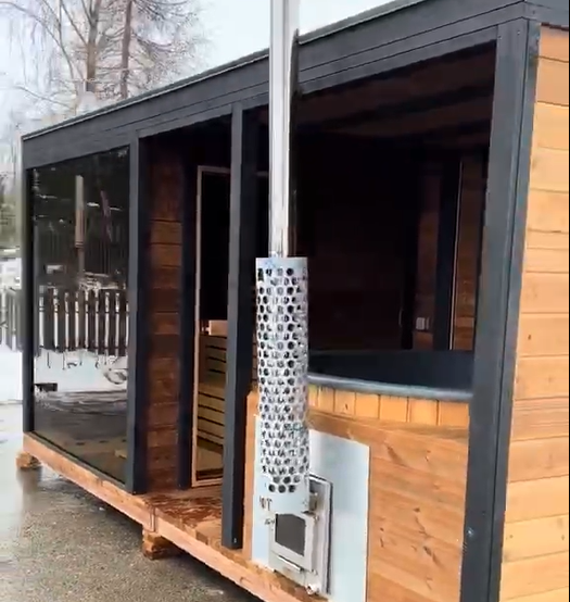 Outdoor Wet Steam Shower Sauna Hot Tub Combo with Wood Burning Stove Solid Wood Electric Heating