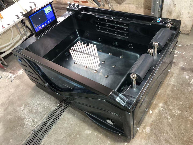 Modern Black Acrylic Massage Whirlpool Spa Bath Tub Dual TV LED Light Multi-Functional with Balboa Drainer for Hotels