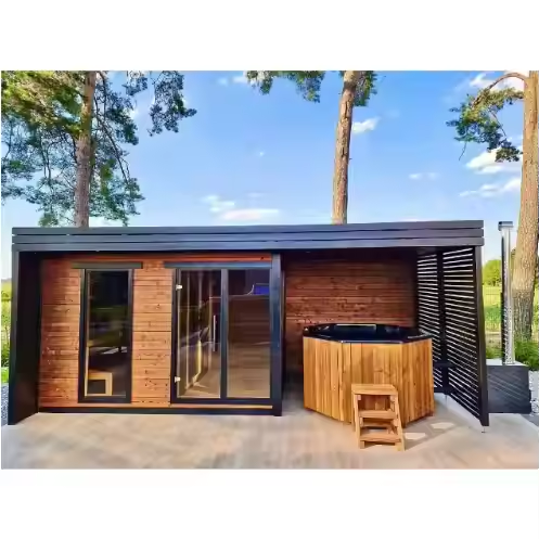 Outdoor Wet Steam Shower Sauna Hot Tub Combo with Wood Burning Stove Solid Wood Electric Heating