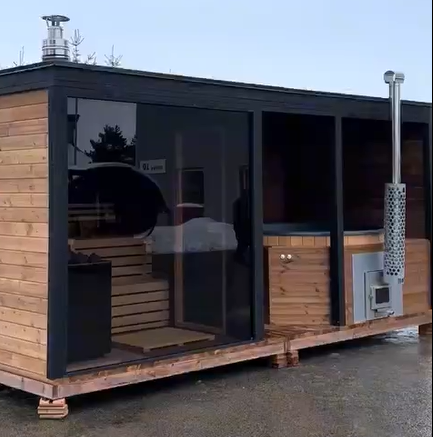 Outdoor Wet Steam Shower Sauna Hot Tub Combo with Wood Burning Stove Solid Wood Electric Heating