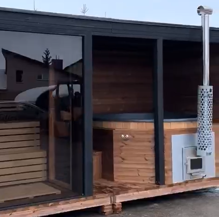 Outdoor Wet Steam Shower Sauna Hot Tub Combo with Wood Burning Stove Solid Wood Electric Heating